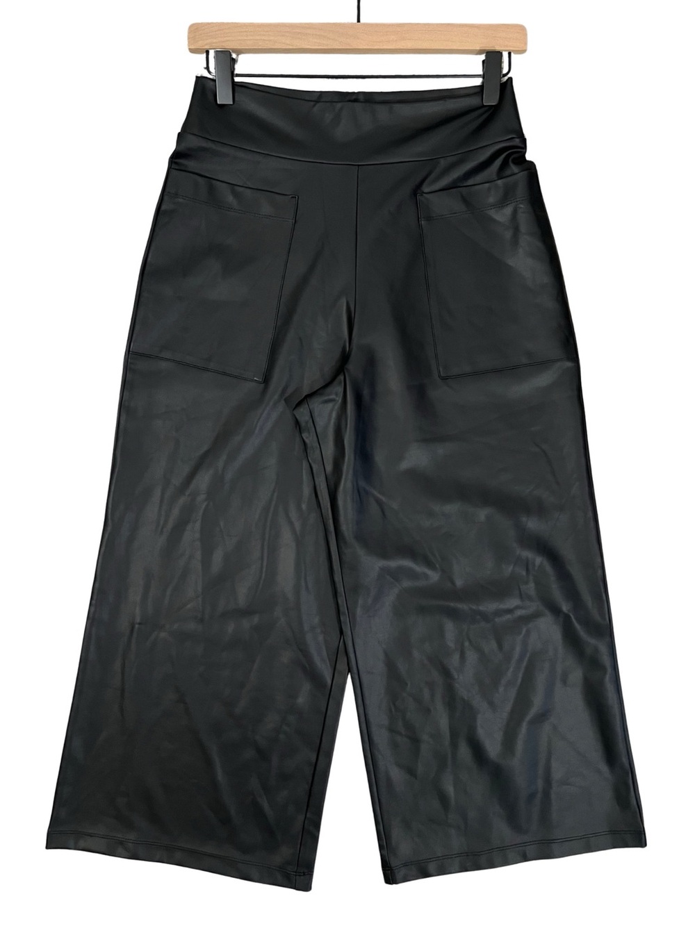 Clara Sunwoo Liquid Leather Cropped Gaucho Pants Black Wide Leg Pull On XS